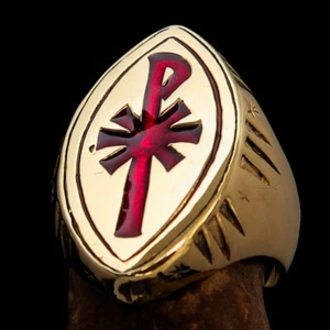 MENS BRASS CLERUS COSTUME RING CHRISTIAN SYMBOL CHI RHO XP CROSS RED SIZE 11.5 - Picture 1 of 6