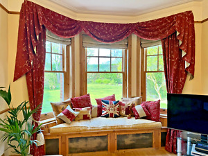 LUXURY LINED DRESS CURTAINS, SWAGS AND TAILS . RED AND GOLD CHENILLE.