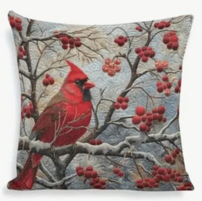 Cardinal Birds Berries Christmas Throw Pillow Cover Winter Holiday Home Decor - Image 1 of 3