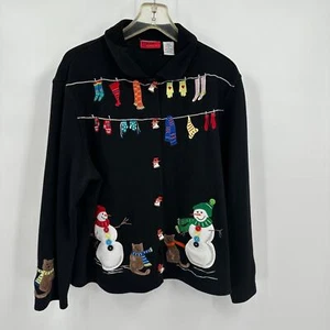 Vintage Onque Casuals Womens Christmas Cardigan Sweater XL Snowman Cats Grandma - Picture 1 of 10