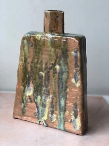 Unusual Vintage Ceramic Art Vase, Green/Terracotta Drip Pattern (cracked) - Picture 1 of 23