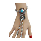 Women Silver Metal Hand Chain Bracelet Ring Turquoise Blue Bead Feather Charm