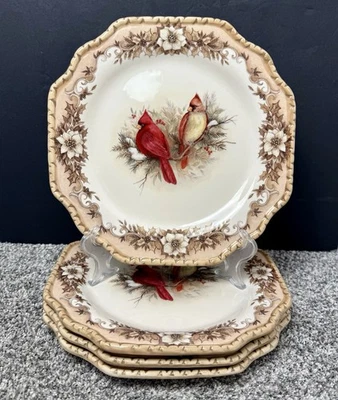 Set of 4 Cracker Barrel 10.5" Dinner Plates Cardinals Winter Christmas - Image 1 of 4