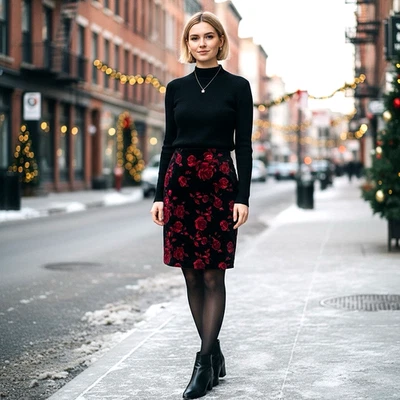 Talbots Sz 16 Black Red Rose Floral Velvet Burn Out Fairy Whimsygoth Skirt Event - Image 1 of 4