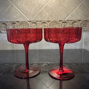 Red Champagne Coupe Glasses Pair Of 2. Acid etched - Picture 1 of 5