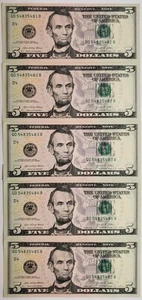 Five Uncirculated Consecutive $5 Five Dollar Bills With A Quad Repeater 2021 - Picture 1 of 2