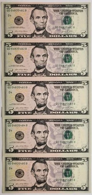 Five Uncirculated Consecutive $5 Five Dollar Bills With A Quad Repeater 2021 - Image 1 of 2