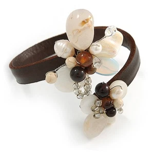 Semiprecious Stone Floral Silver Tone Wire Brown Leather Flex Bracelet (Brown, - Picture 1 of 4