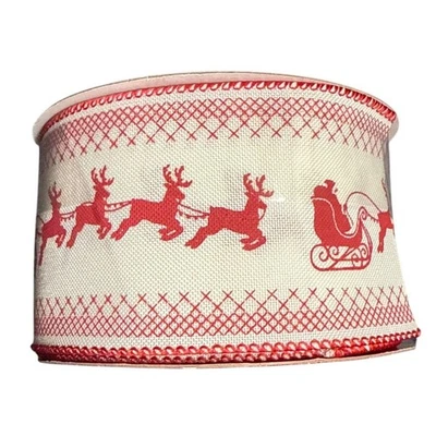 Christmas Holiday Ribbon 2.5" x 8.33 Yds Red Reindeer Sleigh Wired Place & Time - Image 1 of 4
