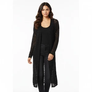 Penelope Rose XL Negro Encaje Transparente Tejido Plumero Cárdigan Suéter Frente Abierto Largo - Imagen 1 de 10