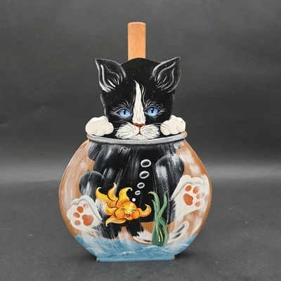 Wood Cat in a Fish Bowl Paper Towel Holder Hand painted Early Dorothy Baker USA - Image 1 of 4
