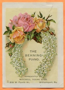 Williamsport, PA, Mitchell, Young & Co., pianos Behning, tarjeta comercial alrededor de la década de 1890 - Imagen 1 de 3
