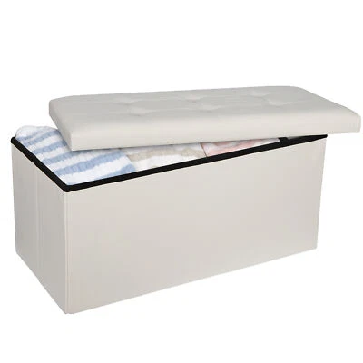 Entryway Folding Storage Ottoman Bench MDF Leather Finish 30 x 15 x 15", White - Image 1 of 4