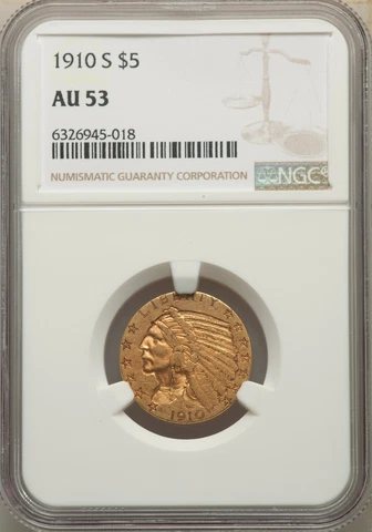 1910-S INDIAN HEAD $5 HALF EAGLE GOLD NGC AU53 Cover