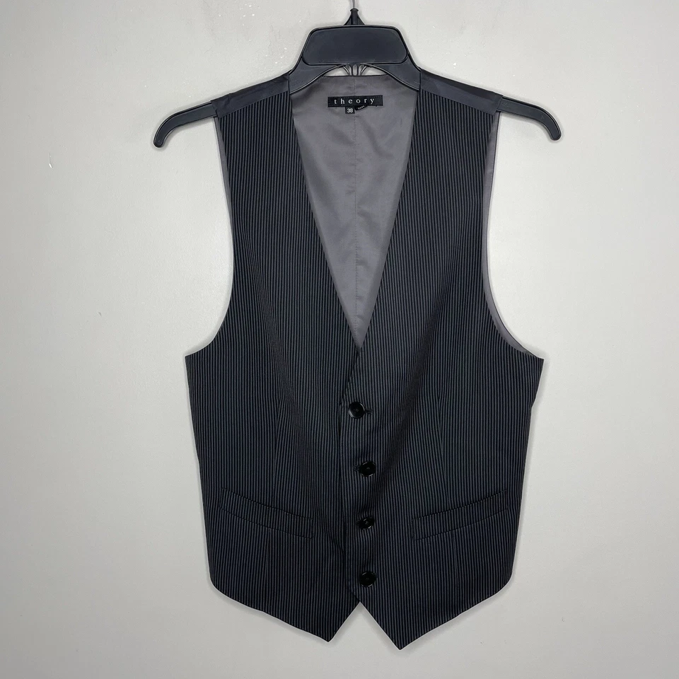 THEORY Vest Men 38 Striped Wool Waistcoat Cinch-Back Formal Charcoal Classic - Image 1 of 4