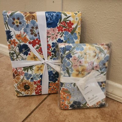 RARO NUEVO Edredón Completo/Queen Floral Pottery Barn Willow 2 Fundas Estándar a Cuadros Foto 1 de 4