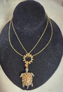  Meeresschildkröte Anhänger Halskette 32" lang plus 3" messingfarbene Kette Strass Ozean - Bild 1 von 9