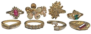 Vintage MCM AS-IS Lot 8 Gold Tone Costume Gemstones Cocktail Wearable Rings - Picture 1 of 13