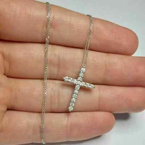 1.00 Ct Round Cut Diamond Cross Pendant W/Free Chain 14K White Gold Finish - Picture 1 of 5