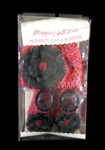 Stepping Stones Pink and Black Novelty Baby Cap and Booties Set 0-12 Months - Picture 1 of 9