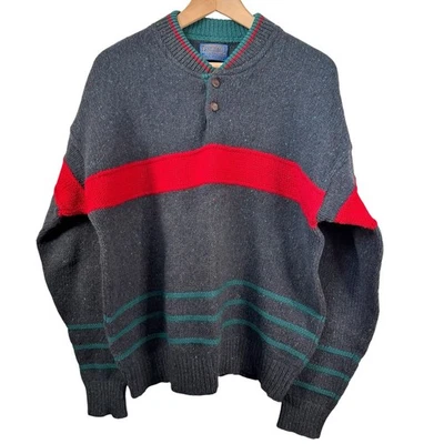 Pendleton Vintage Wool Striped Henley Sweater Large Blue Red Multi Flecked USA - Image 1 of 4