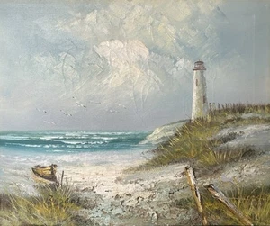 Cuchillo Paleta TropicalBeachLighthouse Años 70 Pintura Estilo Carretera 20"x24" - Imagen 1 de 3