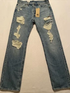NEW Levi’s 501 Original Blank Tab Men's Distressed Button Fly Blue Jeans 33x34 - Picture 1 of 8