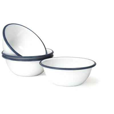 Set of 4 Enamelware Metal 20 oz Round Cereal Bowl, Solid White/Navy Blue Rim - Image 1 of 4