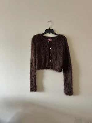 UNIF Cárdigan Peludo Difuso Peluche Marrón Chocolate Corto M Tejido Suéter Foto 1 de 4