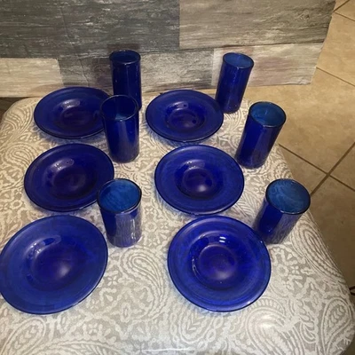 Vintage 6 Vibrant hand blown Cobalt Blue Glass cordial glasses and small dish - Image 1 of 4