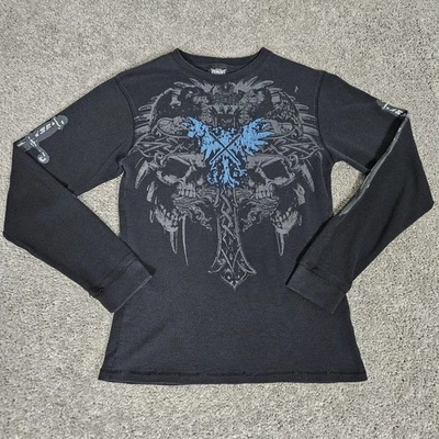 Vtg MMA Elite Shirt Mens Small Black Thermal Waffle Knit Skulls Swords  - Image 1 of 4