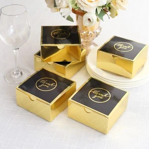 25 Gold Black 4x4 in Gift BOXES Thank You Print Favor Holders Party Decorations - Picture 1 of 9