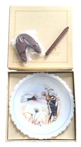 Fenton Hand Painted Birds In Winter Downy Woodpecker Plate Satin Glads MIB Box - Picture 1 of 5