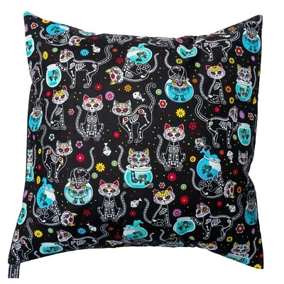 Day of the Dead Skeleton Cats Cushion Cover Case fits 18" x 18" Cotton Muertos - Image 1 of 2