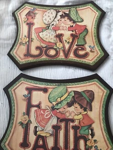 Set Of 2 Vintage Kitsch Holly Hobbie Style Inspire Wall Art Faith And Love - Picture 1 of 2