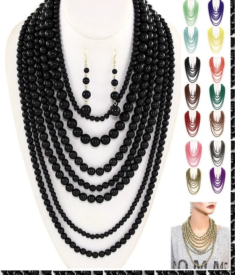 珍珠声明项链串珠多行分层链长厚套装链 — 第 1/1 张图片