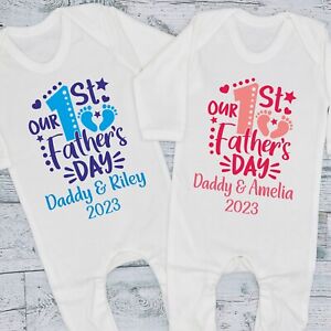 Our First 1st Fathers Day 2023 Personalised Baby Bib Vest Grow Romper T-Shirt