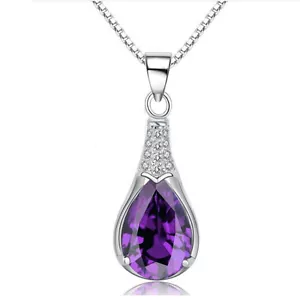 NUOVO ciondolo argento sterling laboratorio viola ametista goccia zirconi con pizzo corda nero - Foto 1 di 2