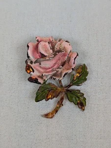 Vintage Enamel And Acrylic Rose Pin Brooch Translucent Stem Petals - Picture 1 of 8