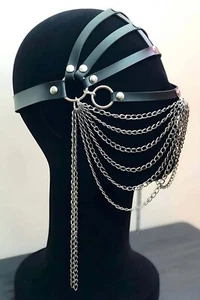 Women's Chain Detailed Vegan Leather Mask - BDSM Head Harness - Kinky Gift - Picture 1 of 3