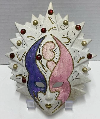 Italian Ceramic Mask Art Carnival Hand-painted Hanging Pink Gold Purple Red - Image 1 of 4