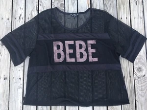 Bebe Sport Black See Through Mesh Logo Active Top Cropped T-Shirt Size 3X Womens - Picture 1 of 12