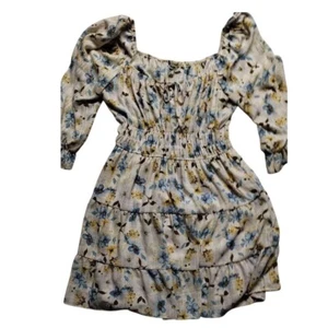 Express Damen Gr. XL Blumenmuster Stufen Minikleid gesmokte Taille 3/4 Arm - Bild 1 von 15