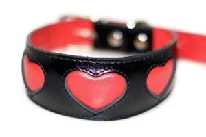 Luxurious Black Leather Lurcher Collar with Red Hearts. Soft, Padded & Lined - Picture 1 of 7