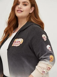 Torrid Black Dip Dye Skull Zip Up Hoodie Tunic Jacket Plus Size 00X, M/L, 10 - Picture 1 of 7