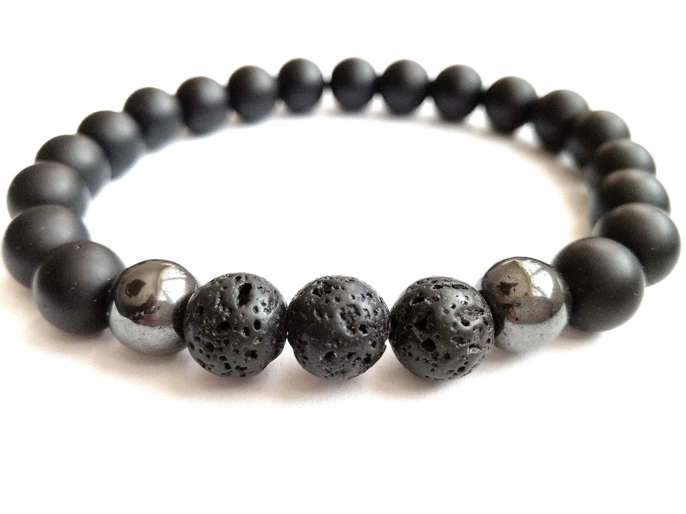 Armband Onyx matt Hämatit Lava 8mm Armreif Bracelet Handgemacht Weihnachtsgesche - Bild 1 von 2