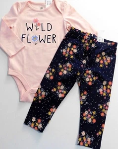Gap Baby Girl Bodysuit Leggings SIZE 6-12M Pink Navy Blue Cotton Wildflower NEW - Picture 1 of 5