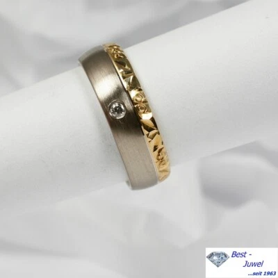 Gehämmerter Anneau 585 or Blanc Et or Jaune Solitaire 1 Brillant - Photo 1/3