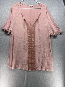 Easel Womens Top Size L Pink Short Sleeves 100% Rayon Trim Solid V-Neck - Picture 1 of 10