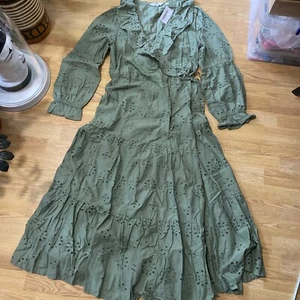Dorothy Perkins Tall Broderie Wrap Frill MIDI Dress Khaki Size 12 Bnwt - Picture 1 of 12